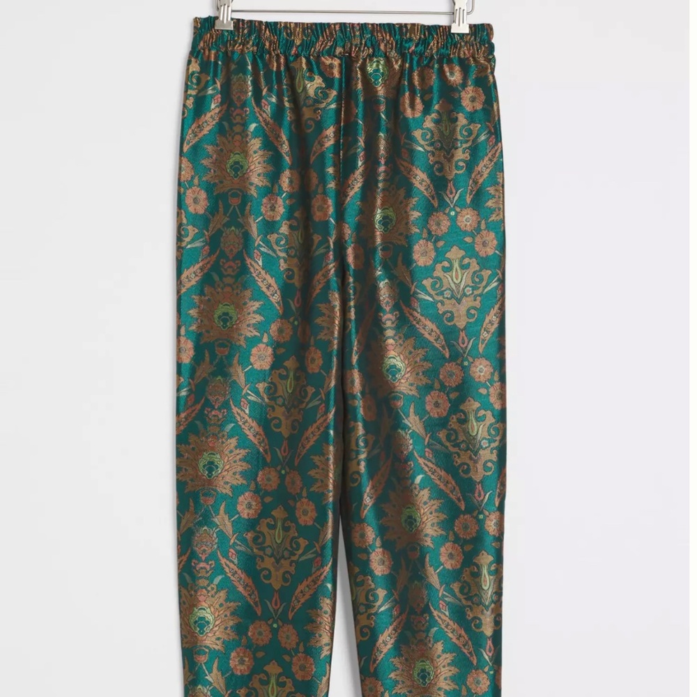 Anthropologie Melyssa Jacquard Jade Green Metallic Pants